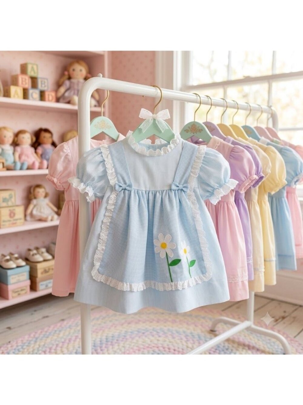 Vintage 80s Betti Terrell Cottagecore Prairie Baby Dress 9-12M Blue Daisies